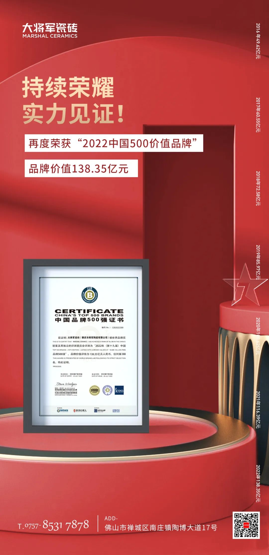 步履不停！138.35億元！大將軍瓷磚連續(xù)7年上榜中國500價值品牌！(圖3)